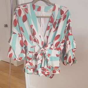 Chic Leaf Print Wrap Blouse